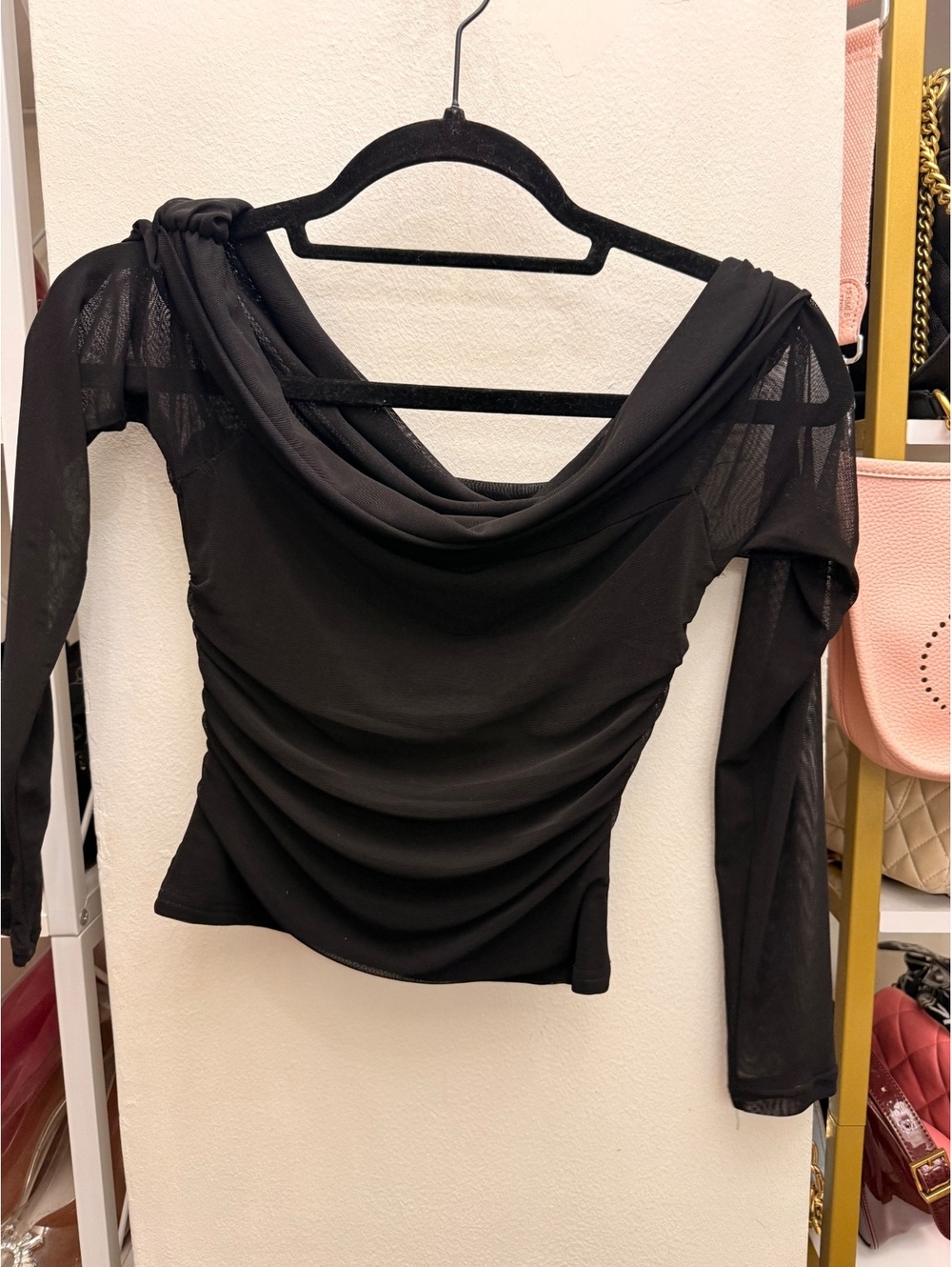Black Long Sleeve Sheer Mesh Blouse with Draped Neckline